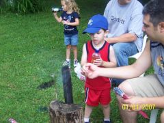 Gingerly lighting bottle rockets.