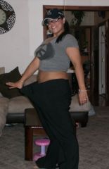 9 months post surgery, down 101 pounds, me in my old 22's - down to a 13/14 now