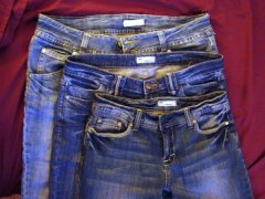 The back pair were my pre-band jeans. Got so tight I couldn't button them up anymore.

The middle pair were my pre-Body Lift jeans. They were loose by the time my surgery came up.

The front pair is the pair I am wearing today. :)