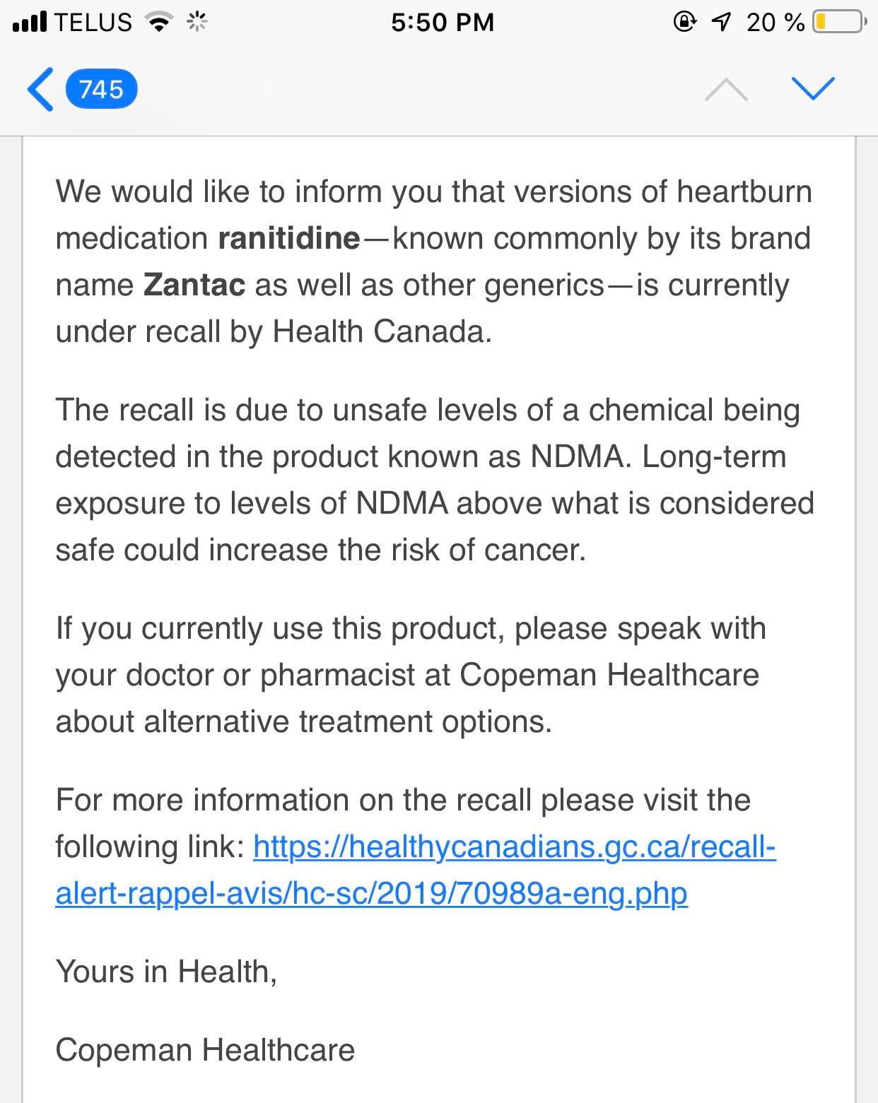 ZANTAC: HEALTH CANADA RECALL ( heartburn drug)